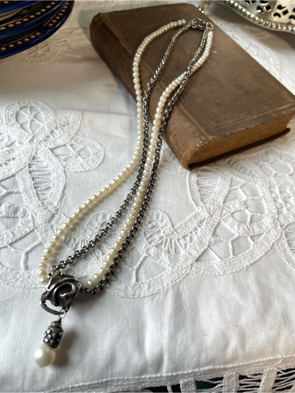Vintage sterling silver chain & pearl necklace - Picture 7 of 7